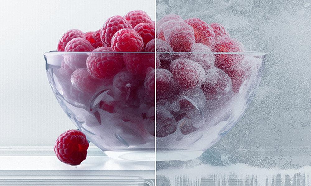 LODÓWKA MIDEA MDRB600MME46 wizualizacja lifestyle mrożone owoce maliny NoFrost bez ręcznego rozmrażania No Frost system chłodziarka zamrażarka brak szronu bez rozmrażania świeżość żywność przechowywanie trwałość wygoda nowoczesny sprzęt kuchenny