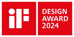 Logo z napisem \'iF DESIGN AWARD 2024\' na czerwonym tle.