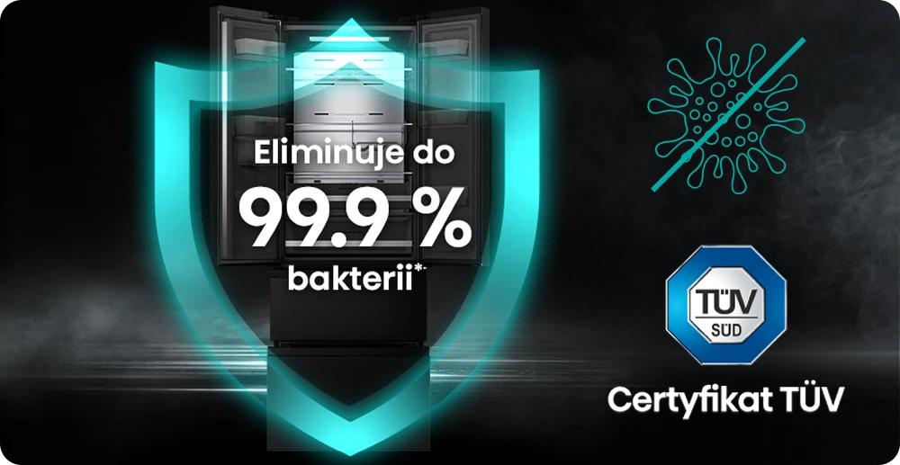 Obraz przedstawia otwartą lodówkę z nałożonym graficznie niebieskim symbolem tarczy. Na tarczy widnieje napis \'Eliminuje do 99.9% bakterii*\', obok znajduje się symbol przekreślonej bakterii oraz logo TÜV SÜD z napisem \'Certyfikat TÜV\'.