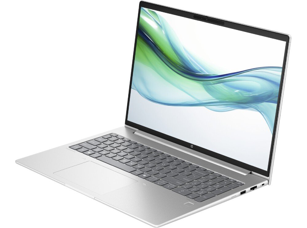 Srebrny laptop HP ustawiony pod kątem na białym tle; widoczna jest pełnowymiarowa klawiatura, duży touchpad, czytnik linii papilarnych oraz porty po prawej stronie obudowy; ekran prezentuje kolorową, abstrakcyjną grafikę z niebiesko-zielonymi falami. - wyświetlacz rozdzielczość przekątna matryca jasność