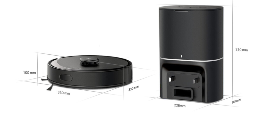 Obraz przedstawia czarny robot sprzątający o wymiarach 330 mm średnicy i 100 mm wysokości oraz stację dokującą o wymiarach 330 mm wysokości, 228 mm szerokości i 164 mm głębokości. Na obrazie widoczne są linie pomiarowe wskazujące wymiary urządzeń.