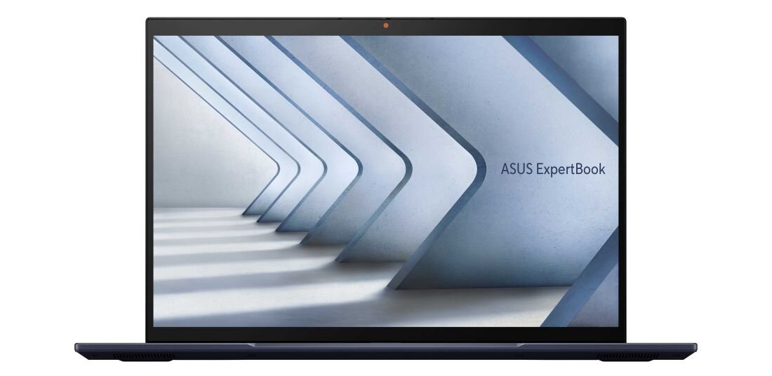 Laptop ASUS ExpertBook B5 z ekranem prezentującym nowoczesną, abstrakcyjną architekturę w odcieniach błękitu i bieli, podkreślający wysoką jakość wyświetlacza i elegancki, profesjonalny design . - 16-calowy Ekran o rozdzielczości 1920 x 1200 px