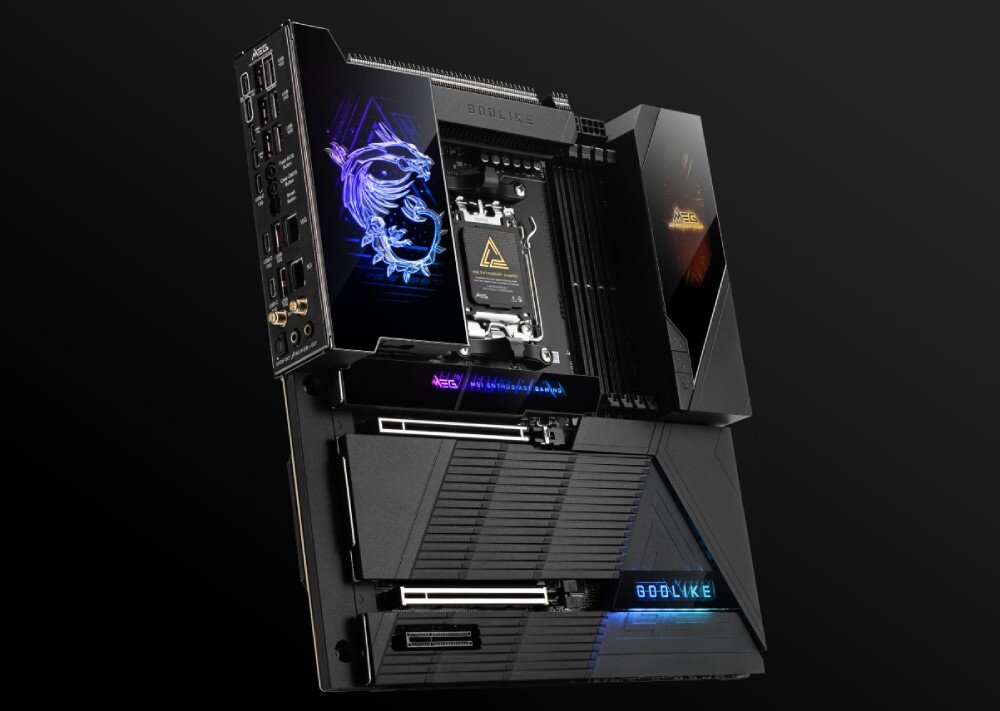 Płyta główna MSI MEG X870E Godlike Główna obudowa z podświetleniem i elementami dekoracyjnymi na zewnętrznej stronie