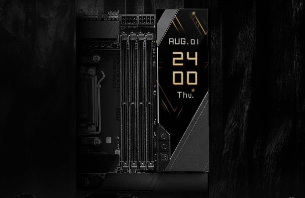 Płyta główna MSI MEG X870E Godlike Pionowy kadr środkowej części płyty z dużym chłodzeniem, w tle złącza pamięci i gniazdo procesora