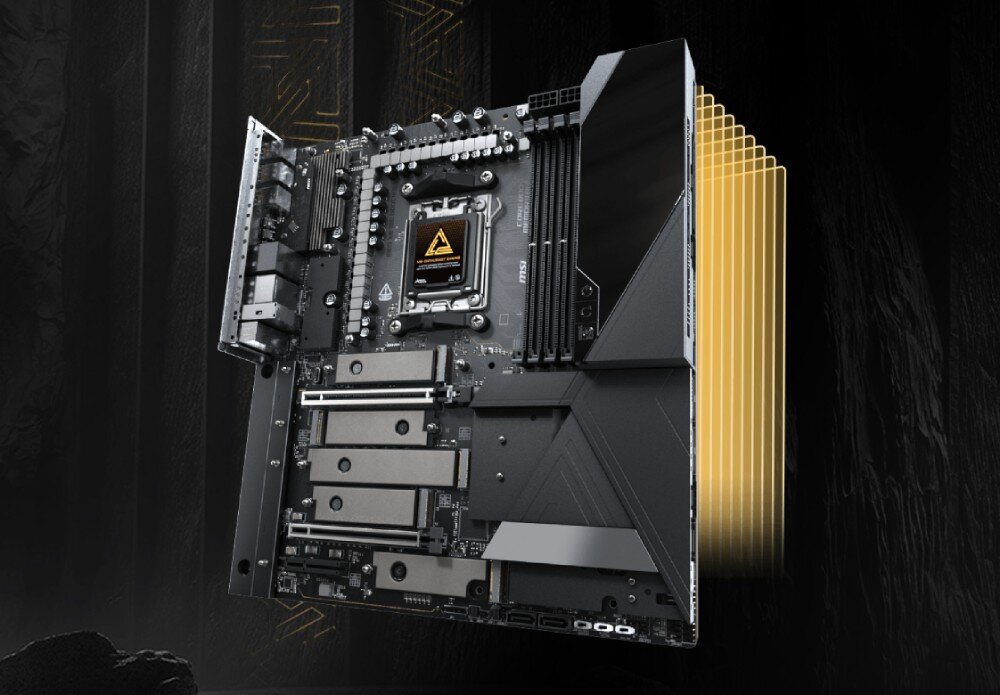 Płyta główna MSI MEG X870E Godlike Zbliżenie na sekcję zasilania i moduły M.2 Gen5 ukazane w wielu warstwach