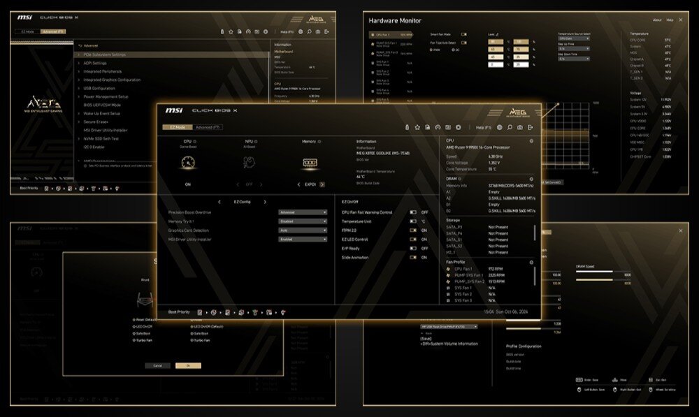 Płyta główna MSI MEG X870E Godlike Całkowity kadr płyty zamocowanej w obudowie z widocznymi przewodami i złączami