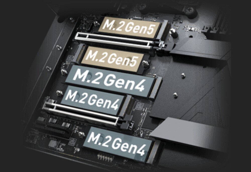 Płyta główna MSI MEG X870E Godlike Zestaw modułów M.2 Gen4 z widocznymi etykietami i podstawką na grafikę