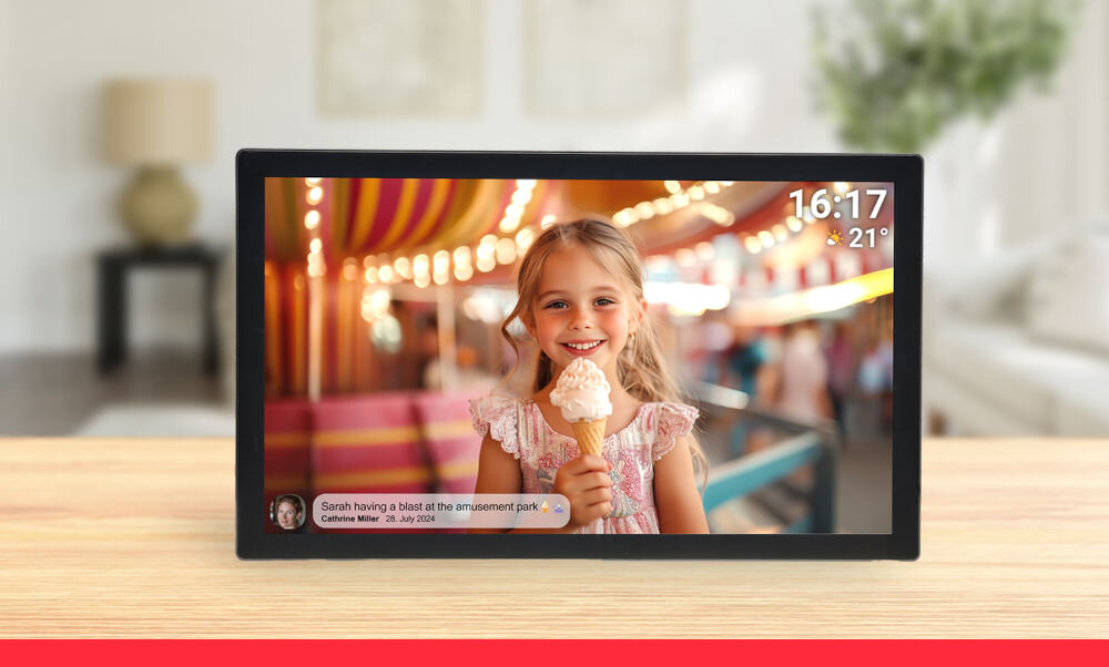 Ramka cyfrowa DENVER Frameo PFF-3260 Czarny prezentacja ramki ze zdjęciem i komentarzem do niej na tle pokoju dziennego