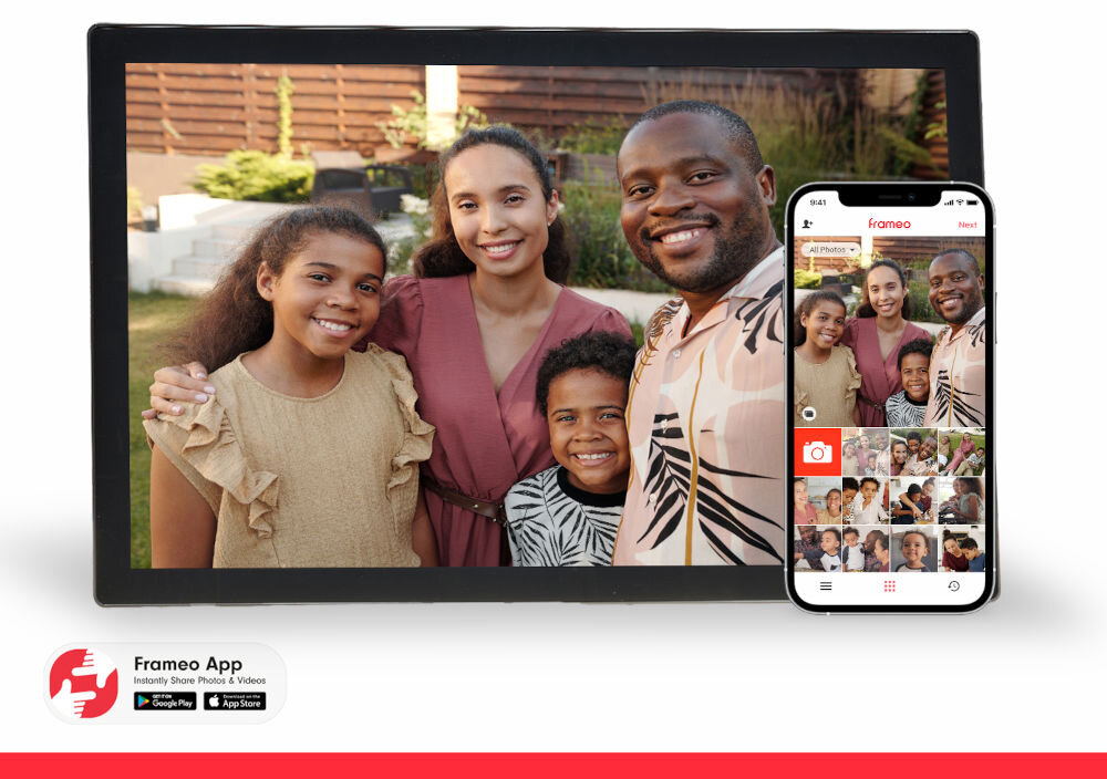 Ramka cyfrowa DENVER Frameo PFF-3260 Czarny prezentacja ramki ze zdjęciem na białym tle i smartfona z włączoną aplikacją FRAMEO Android iOS łatwe zarządzanie galerią ustawianie kolejności wyświetlania zmiana ustawień