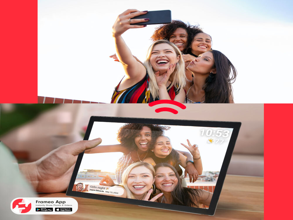 Ramka cyfrowa DENVER Frameo PFF-3260 Czarny prezentacja ramki ze zdjęciem z komentarzem na nim ludzie robiący sobie selfie moduł Wi-Fi oprogramowanie FRAMEO przesyłanie zdjęć i filmów w kilka sekund prosto do ramki cyfrowy album rodzinny na żywo