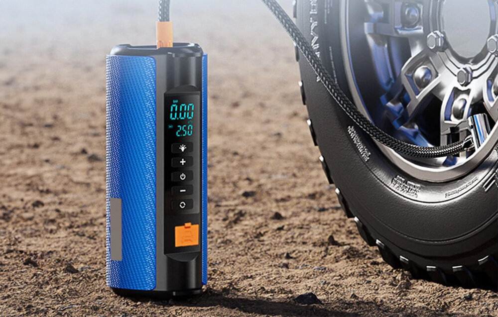 BlitzWolf BW-JA1 kompresor 150 PSI 45 l/min max 0 do 36 PSI 3 min 25 do 36 PSI 1 min nie obsługuje opon ciężarowych Ustawienia wstępne automatycznego wyłączania opon rowerowych, materacy dmuchanych czy zabawek wodnych - powerbank pompujący koło