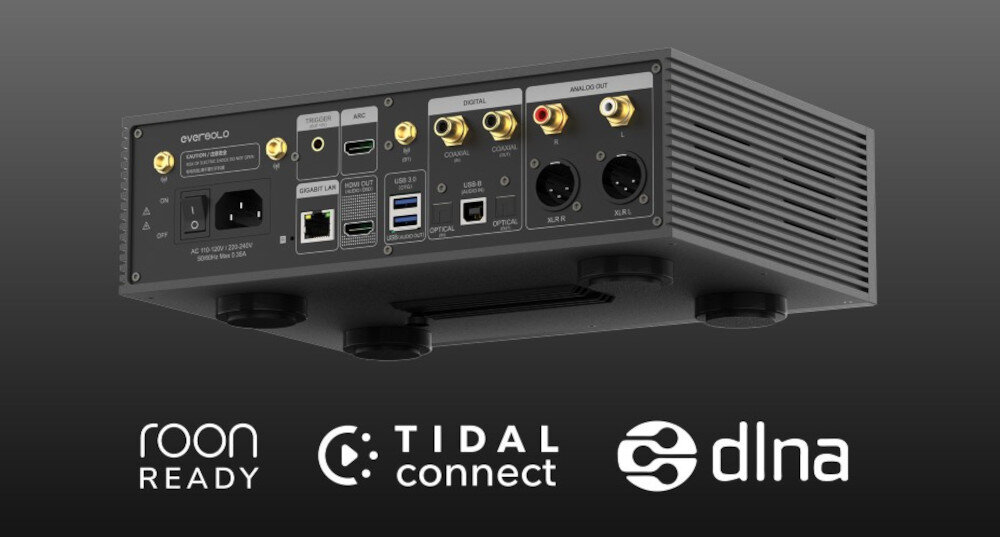Streamer odtwarzacz sieciowy EVERSOLO DMP-A6 Master Edition Gen 2 - Roon Ready i TIDAL Connect, urządzenie, loga aplikacji i technologii