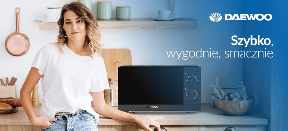 KUCHNIA MIKROFALOWA DAEWOO MD-FA200SB-EU zdjęcie wizualizacyjne kobieta logo kuchnia nagłówek tekstowy Wygoda i oszczędność czasuszybko wygodnie smacznie obrotowy talerz o średnicy 25,5 cm rozmrożenie podgrzewanie pojemność 20 litrów 700 W moc wymiary 26,4 x 45,6 x 35,3 cm