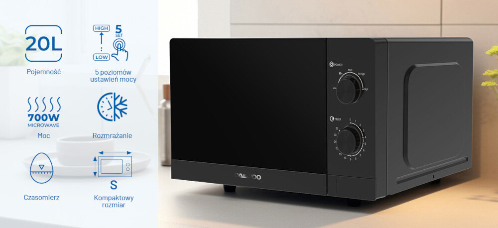 KUCHNIA MIKROFALOWA DAEWOO MD-FA200SB-EU zdjęcie wizualizacyjne kuchenka front kolor czarny panel pokrętła ikony grafiki pojemność 20 litrów moc 700 W czasomierz łatwe szybkie podgrzewanie równomierne rozmrożenie pięć poziomów mocy obrotowy talerz o średnicy 25,5 cm Wymiary 26,4 x 45,6 x 35,3 cm