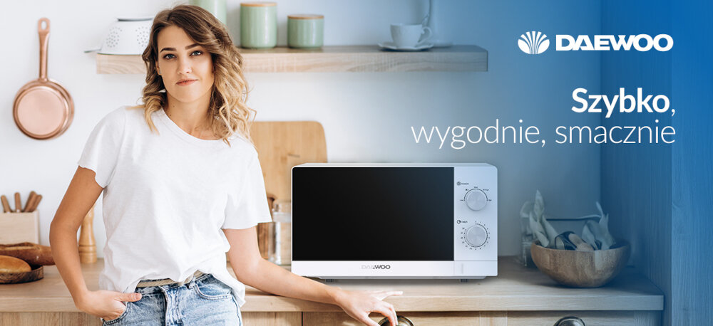 KUCHNIA MIKROFALOWA DAEWOO MD-FA200SW-EU zdjęcie wizualizacyjne kobieta logo kuchnia nagłówek tekstowy Wygoda i oszczędność czasuszybko wygodnie smacznie obrotowy talerz o średnicy 25,5 cm rozmrożenie podgrzewanie pojemność 20 litrów 700 W moc wymiary 26,4 x 45,6 x 35,3 cm