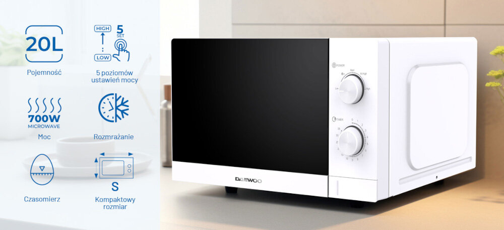 KUCHNIA MIKROFALOWA DAEWOO MD-FA200SW-EU zdjęcie wizualizacyjne kuchenka front kolor czarny panel pokrętła ikony grafiki pojemność 20 litrów moc 700 W czasomierz łatwe szybkie podgrzewanie równomierne rozmrożenie pięć poziomów mocy obrotowy talerz o średnicy 25,5 cm Wymiary 26,4 x 45,6 x 35,3 cm