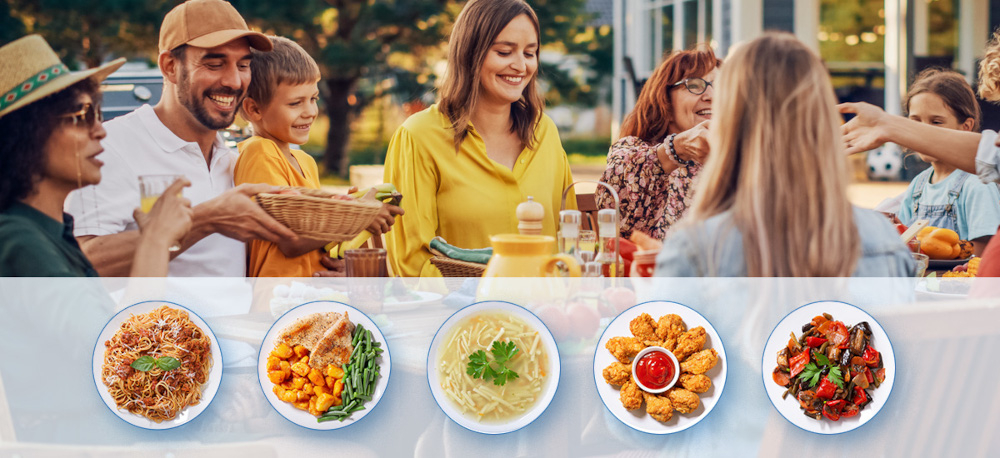 KUCHNIA MIKROFALOWA DAEWOO MD-FA200SW-EU zdjęcie wizualizacyjne rodzina talerze dania potrawy mięso ryby makaron podgrzewanie Sygnał dźwiękowy informacja sygnał 5 poziomów mocy