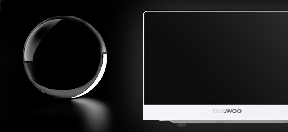 KUCHNIA MIKROFALOWA DAEWOO MD-FA200SW-EU zdjęcie wizualizacyjne czarne tło front kuchenki logo Elegancki wygląd Minimalistyczny design wygląd czarne szkło zlicowane z panelem niewidoczny przycisk praktyczne rozwiązanie