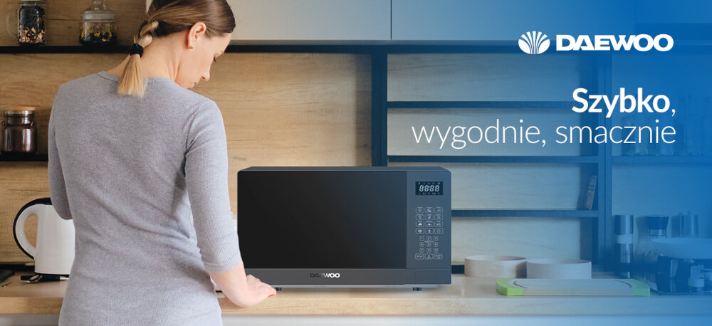 KUCHNIA MIKROFALOWA DAEWOO MD-FA202GB-EU zdjęcie wizualizacyjne kobieta logo kuchnia nagłówek tekstowy Wygoda i oszczędność czasuszybko wygodnie smacznie obrotowy talerz o średnicy 25,5 cm rozmrożenie podgrzewanie pojemność 20 litrów 700 W moc wymiary 26,4 x 45,6 x 35,3 cm