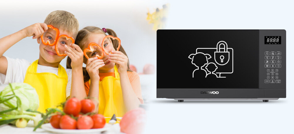 KUCHNIA MIKROFALOWA DAEWOO MD-FA202GB-EU zdjęcie wizualizacyjne dzieci ikona grafika kłódka warzywa Blokada rodzicielska bezpieczeństwo ochrona panel