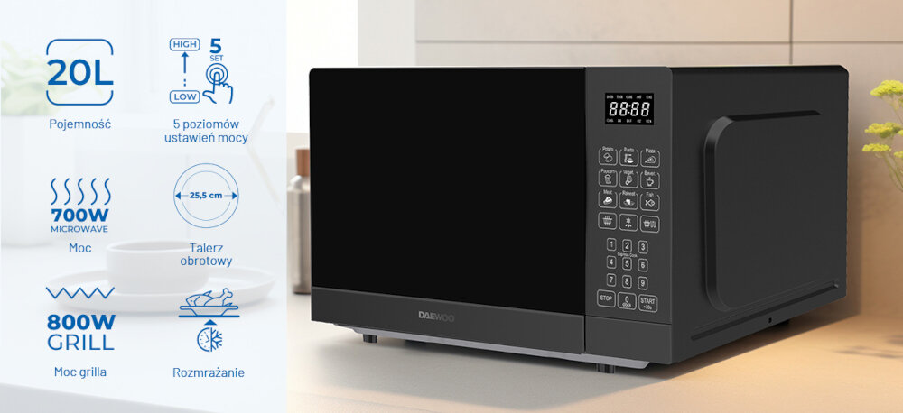 KUCHNIA MIKROFALOWA DAEWOO MD-FA202GB-EU zdjęcie wizualizacyjne kuchenka front kolor czarny panel pokrętła ikony grafiki pojemność 20 litrów moc 700 W czasomierz łatwe szybkie podgrzewanie równomierne rozmrożenie pięć poziomów mocy obrotowy talerz o średnicy 25,5 cm Wymiary 26,4 x 45,6 x 35,3 cm