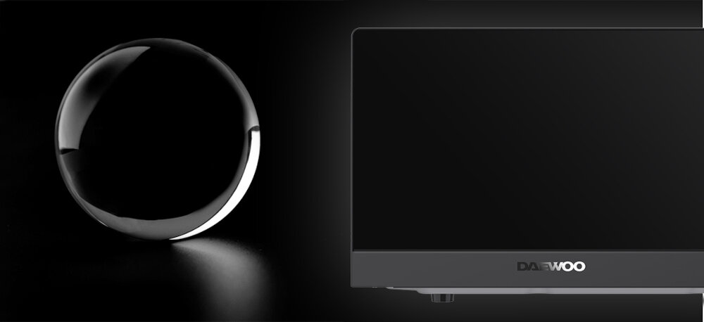 KUCHNIA MIKROFALOWA DAEWOO MD-FA202GB-EU zdjęcie wizualizacyjne czarne tło front kuchenki logo Elegancki wygląd Minimalistyczny design wygląd czarne szkło zlicowane z panelem niewidoczny przycisk praktyczne rozwiązanie