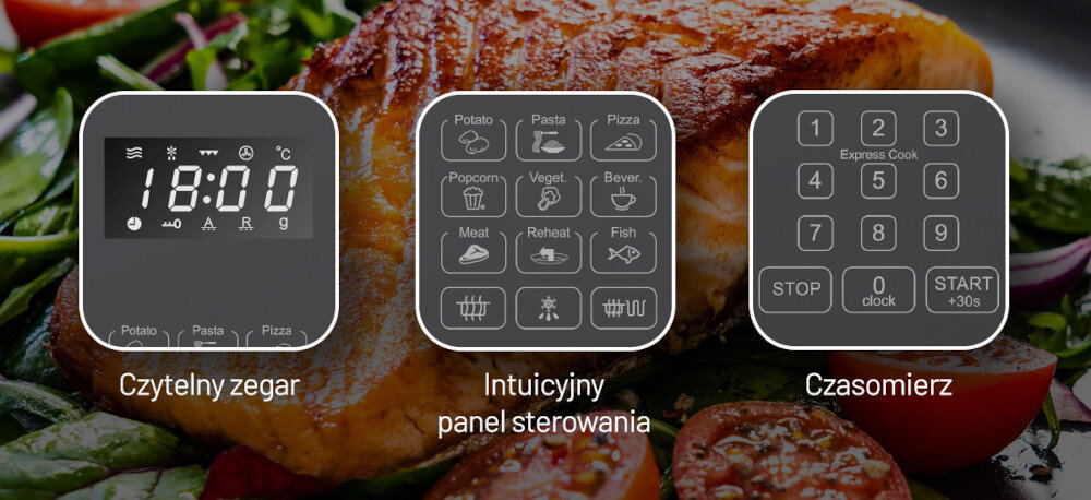 KUCHNIA MIKROFALOWA DAEWOO MD-FA202GB-EU zdjęcie wizualizacyjne panel sterowanie funkcje programy przyciski zegar czasomierz Łatwa obsługa
