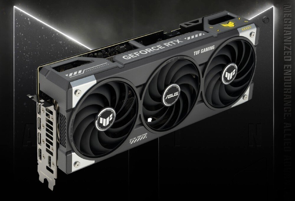 Karta graficzna ASUS TUF Gaming GeForce RTX 5070 Ti GDDR7 16GB Karta graficzna widziana z tyłu, prezentująca pełny układ chłodzenia i porty wyjściowe, pamięć VRAM, rdzenie CUDA, technologie, porty