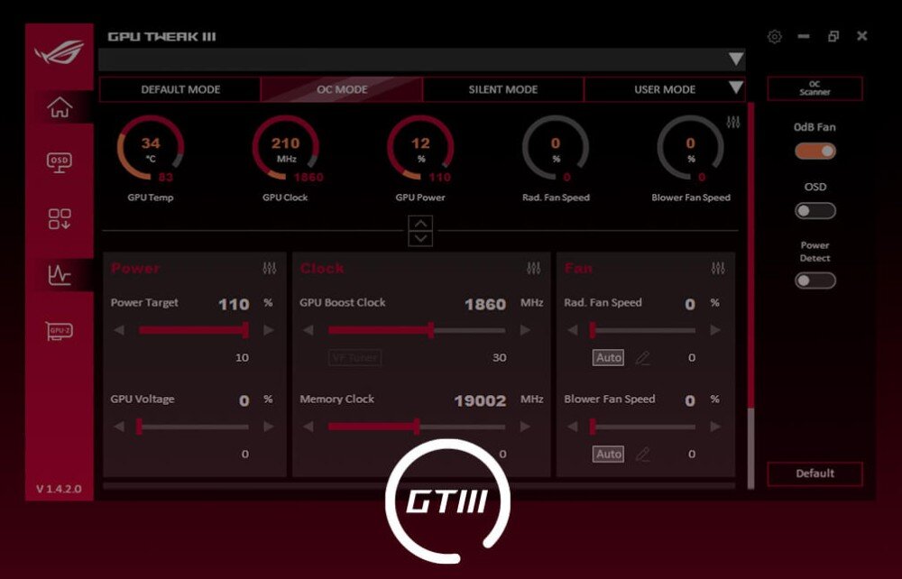 Karta graficzna ASUS TUF Gaming GeForce RTX 5070 Ti GDDR7 16GB Interfejs oprogramowania GPU Tweak III z widocznymi parametrami pracy karty graficznej, takimi jak temperatura, taktowanie i napięcie, funkcje, narzędzia