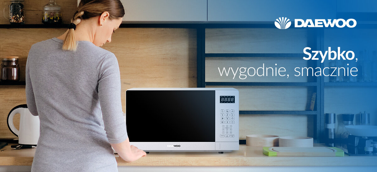 KUCHNIA MIKROFALOWA DAEWOO MD-FA202GS-EU zdjęcie lifestyle Wygoda i oszczędność czasu szybkie podgrzewanie rozmrażanie 5 poziomów mocy talerz obrotowy Reheat Sygnał dźwiękowy 3 tryby pracy równomierne szybkie rozmrażanie tryb wagowy kłódka dzieci Blokada rodzicielska ochrona bezpieczeństwo