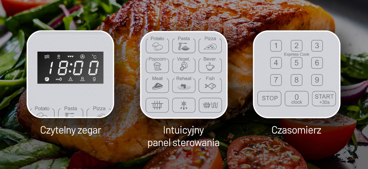 KUCHNIA MIKROFALOWA DAEWOO MD-FA202GS-EU zdjęcie lifestyle czasomierz ikony opis Łatwa obsługa czytelny panel dotykowy z opisem przycisków godzina czas wyświetlacz parametry