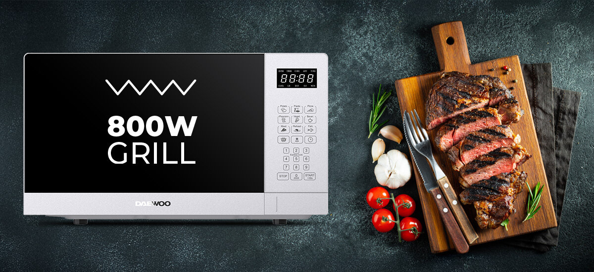 KUCHNIA MIKROFALOWA DAEWOO MD-FA202GS-EU zdjęcie lifestyle deska kiełbasa mięso danie ikona moc grill grillowanie 3 tryby pracy kurczak skrzydełka kiełbaski