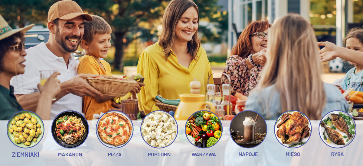 KUCHNIA MIKROFALOWA DAEWOO MD-FA202GS-EU zdjęcie lifestyle rodzina Programy automatyczne 8 programów ziemniaki makaron pizza mięso ryby