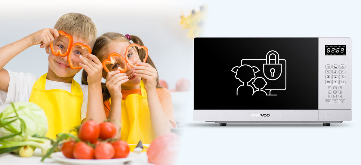 KUCHNIA MIKROFALOWA DAEWOO MD-FA202GS-EU zdjęcie lifestyle ikona kłódka dzieci Blokada rodzicielska ochrona bezpieczeństwo