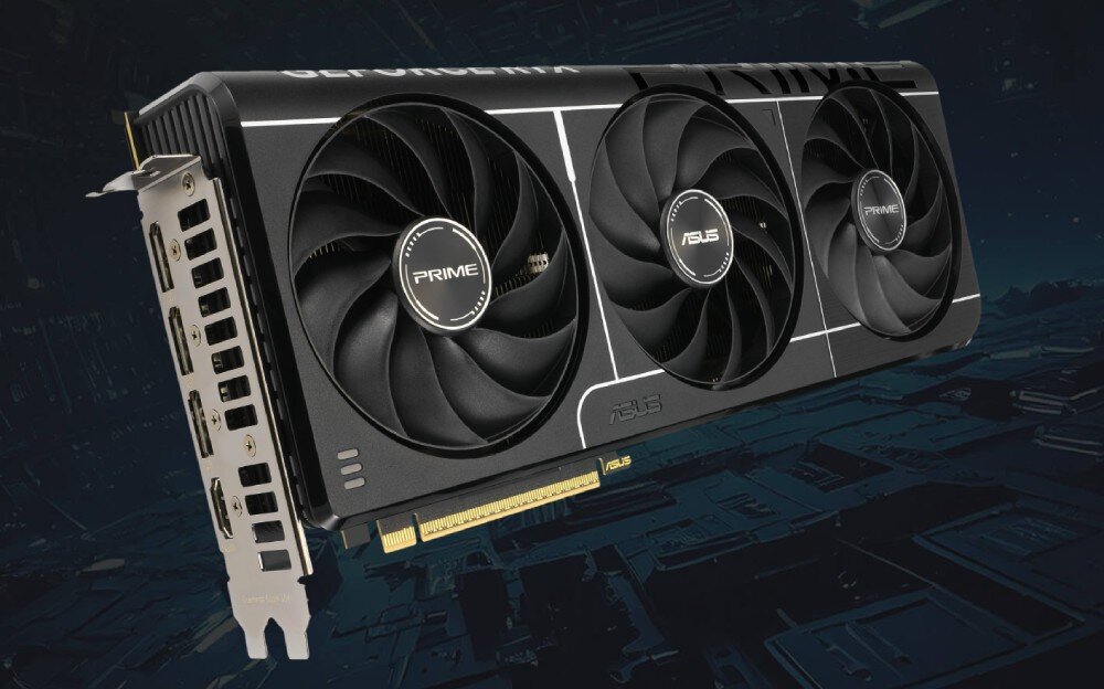 Karta graficzna ASUS GeForce RTX 5080 Prime 16GB Kolejne ujęcie karty z widocznymi portami wyjściowymi HDMI i DisplayPort oraz stalowym mocowaniem, zapewniającym trwałość