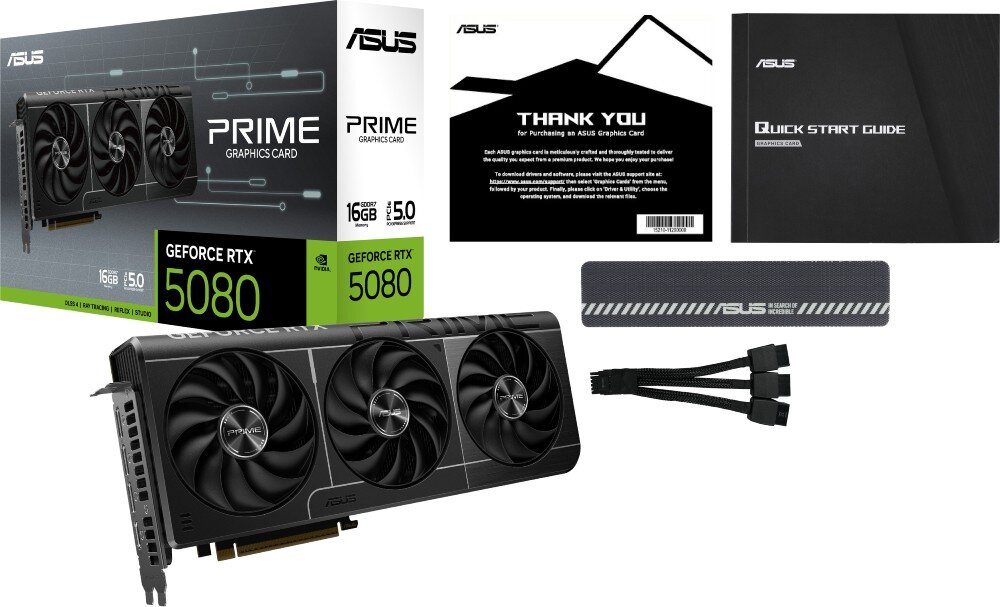 Karta graficzna ASUS GeForce RTX 5080 Prime 16GB Zdjęcie zestawu - karta, adapter zasilania oraz dokumentacja - na białym tle