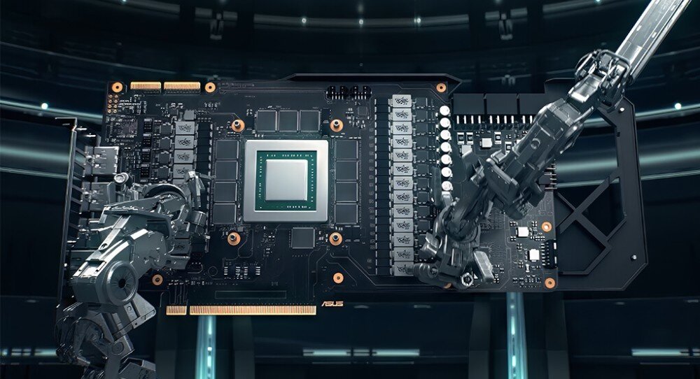 Karta graficzna ASUS GeForce RTX 5080 Prime 16GB Grafika przedstawiająca proces automatycznej produkcji PCB przez robotyczne ramiona, symbolizująca precyzyjne wykonanie