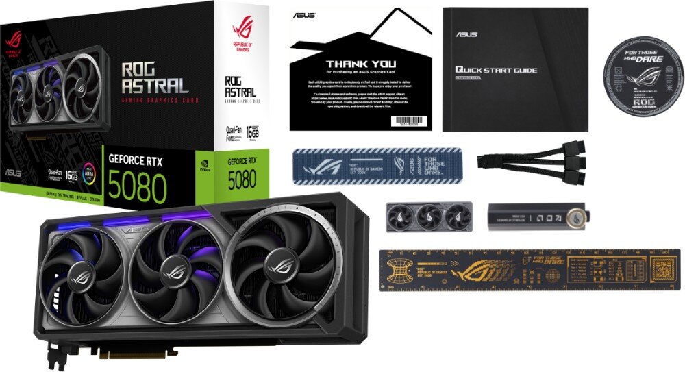 Karta graficzna ASUS GeForce RTX 5080 ROG Astral 16GB Pełny zestaw ASUS ROG Astral GeForce RTX 5080, w tym karta, pudełko