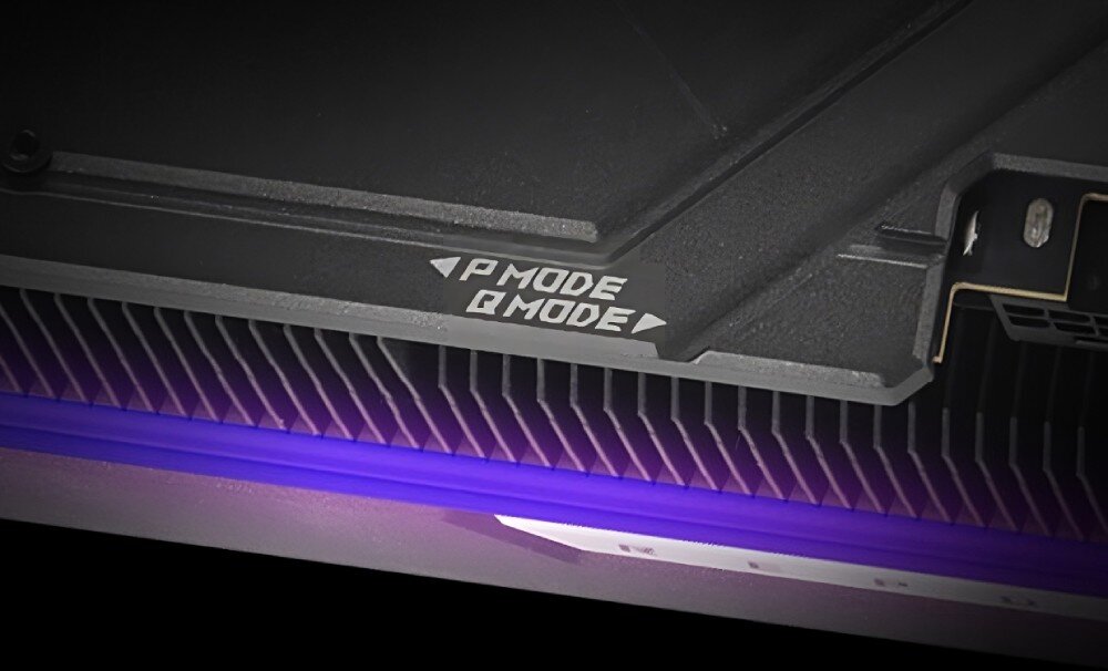 Karta graficzna ASUS GeForce RTX 5080 ROG Astral OC 16GB Zbliżenie na przełącznik BIOS na karcie ASUS ROG Astral OC, umożliwiający wybór między trybem wydajności a trybem cichym