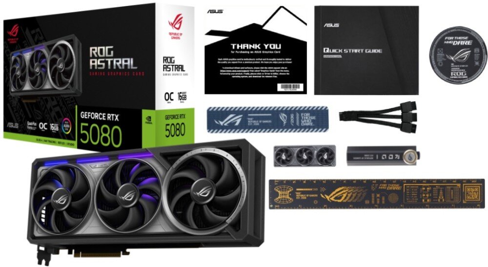 Karta graficzna ASUS GeForce RTX 5080 ROG Astral OC 16GB Pełny zestaw ASUS ROG Astral OC GeForce RTX 5080, w tym karta, pudełko