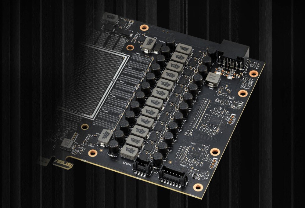 Karta graficzna ASUS GeForce RTX 5090 TUF Gaming 32GB Zbliżenie na płytę PCB karty graficznej, ukazujące wysokiej jakości komponenty, w tym dławiki i kondensatory oznaczone logotypem serii TUF Gaming