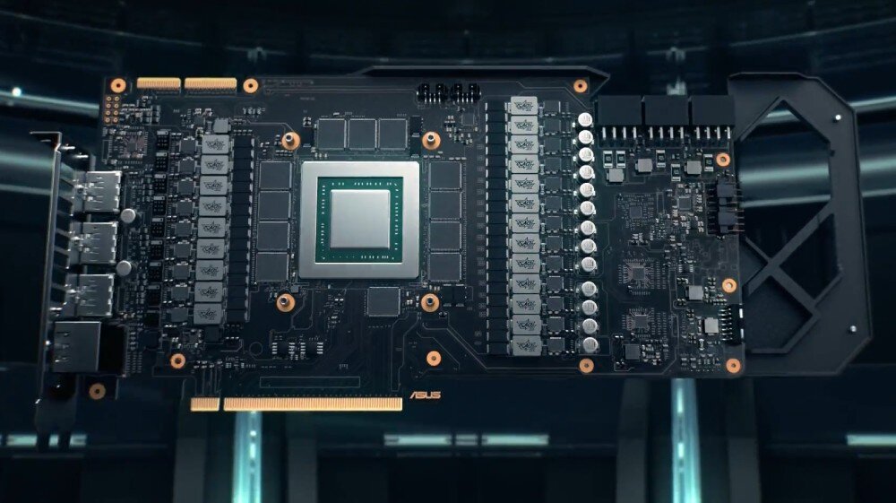 Karta graficzna ASUS GeForce RTX 5090 ROG Astral OC Edition 32GB Odsłonięta płyta PCB karty graficznej ASUS ROG Astral OC Edition GeForce RTX 5080, prezentująca układ scalony, pamięć VRAM i elementy sekcji zasilania