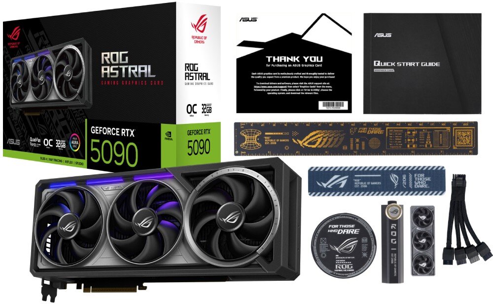 Karta graficzna ASUS GeForce RTX 5090 ROG Astral OC Edition 32GB Pełny zestaw ASUS ROG Astral OC Edition GeForce RTX 5080, w tym karta, pudełko