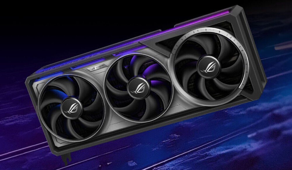 Karta graficzna ASUS GeForce RTX 5090 ROG Astral 32GB Karta ASUS ROG Astral na tle futurystycznego niebieskiego motywu, podświetlona na fioletowo