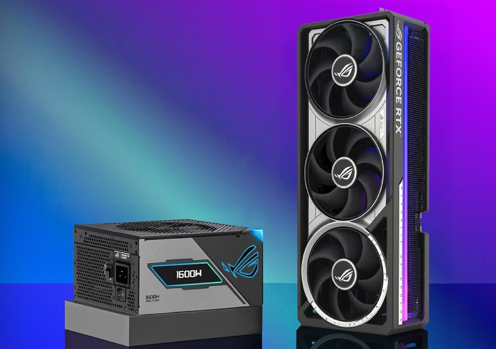 Karta graficzna ASUS GeForce RTX 5090 ROG Astral 32GB Karta graficzna ASUS ROG Astral ustawiona pionowo obok zasilacza ROG, na tle gradientowego, kolorowego tła