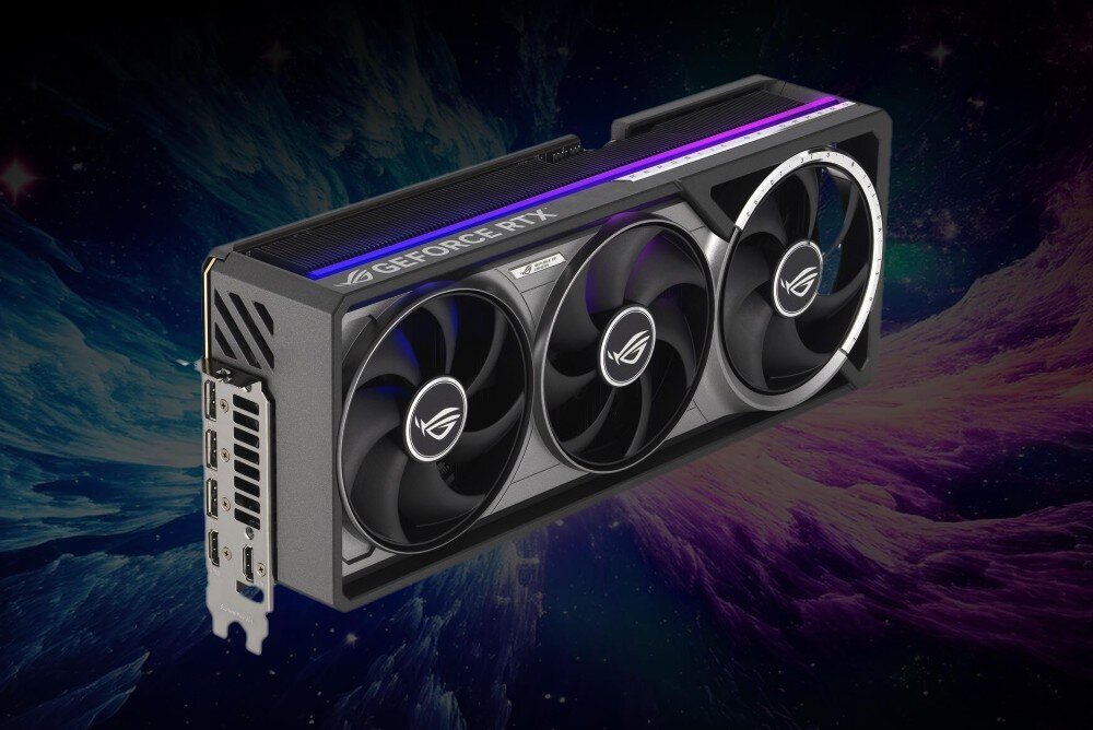 Karta graficzna ASUS GeForce RTX 5090 ROG Astral 32GB karta prezentowana na tle przestrzeni kosmicznej, podświetlenie LED, widoczne złącza porty