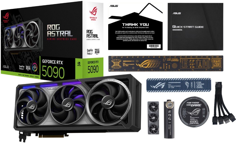 Karta graficzna ASUS GeForce RTX 5090 ROG Astral 32GB Pełny zestaw ASUS ROG Astral GeForce RTX 5080, w tym karta, pudełko