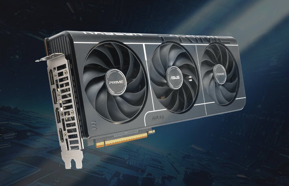 Karta graficzna ASUS Prime Radeon RX 9070 OC 16GB karta graficzna z trzema wentylatorami Axial-tech pokazana pod kątem na ciemnym tle z widocznym logo producenta na bocznej krawędzi