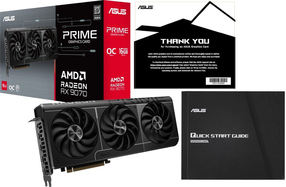 Karta graficzna ASUS Prime Radeon RX 9070 OC 16GB zestawienie karty graficznej z trzema wentylatorami wraz z jej opakowaniem, instrukcją szybkiego startu oraz kartą z podziękowaniem za zakup