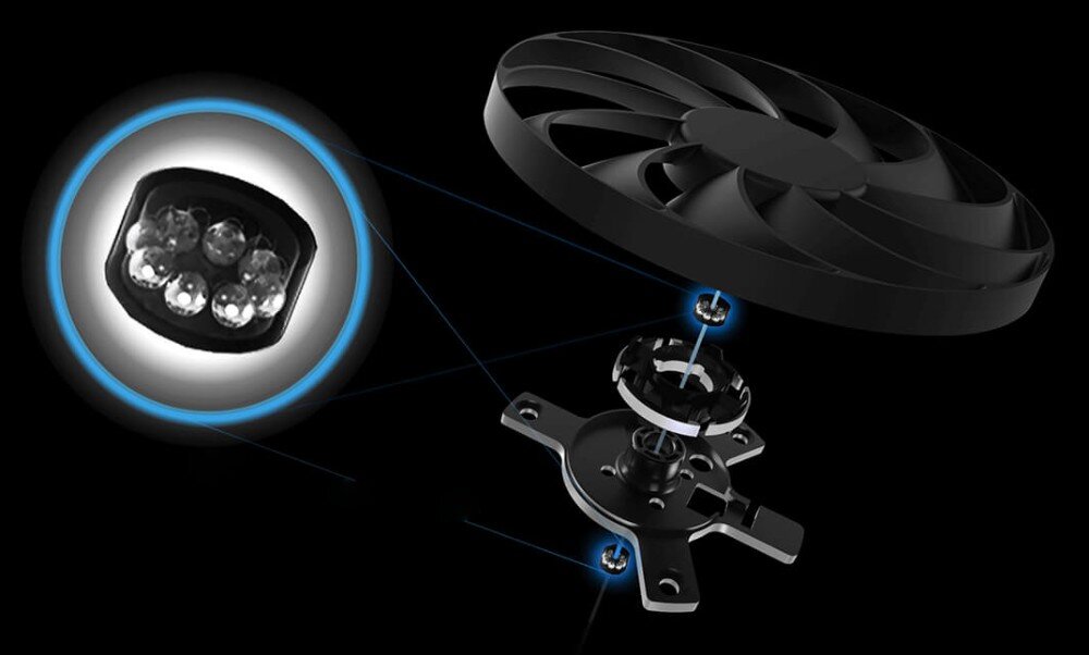 Karta graficzna ASUS Prime Radeon RX 9070 OC 16GB schemat budowy wentylatora pokazujący oddzielone od siebie łopatki, pierścień bariery oraz podwójne łożysko kulkowe w powiększeniu